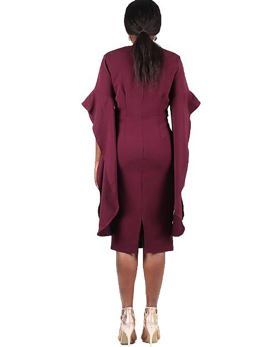 waterfall midi dress Waterfall Sleeve Faux Wrap Midi Dress (Burgundy) – Mizzck Fashion