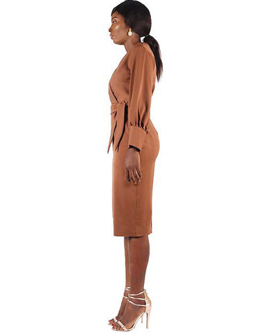 Brown Blossom Sleeve Faux Wrap Dress