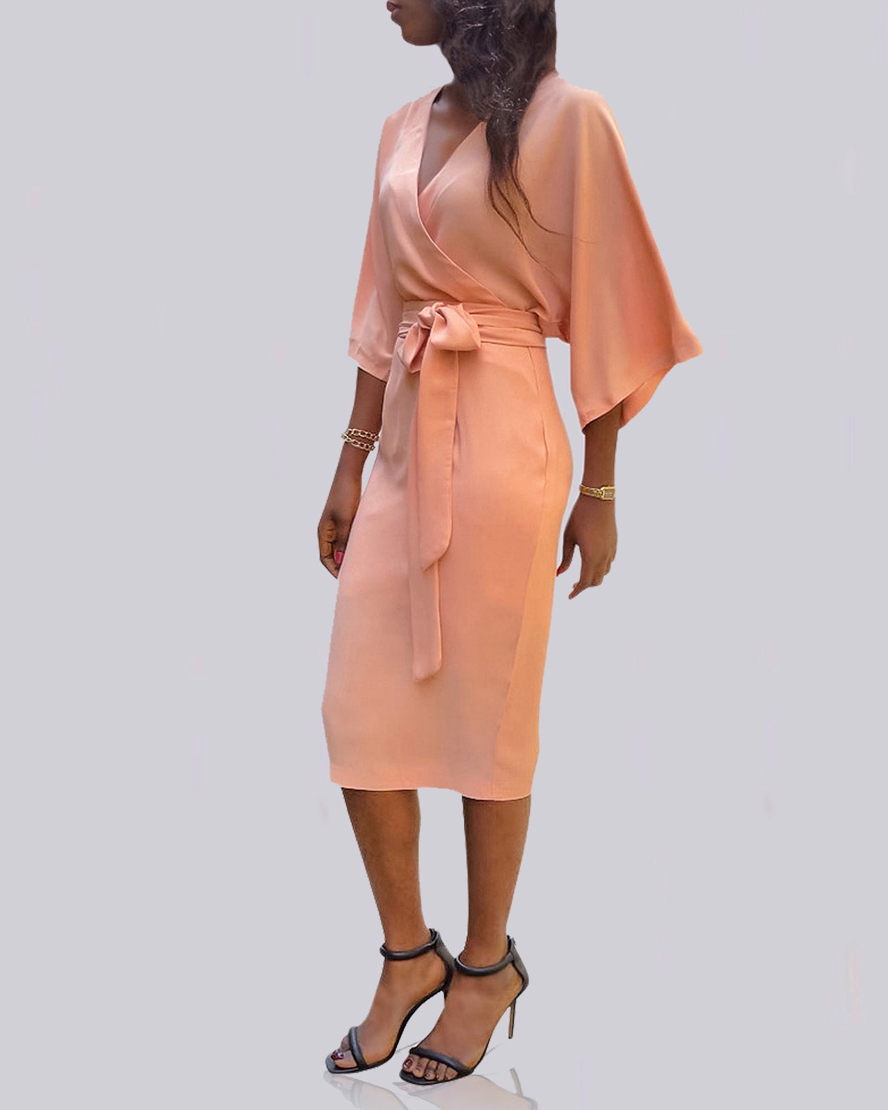 Aviana Kimono Sleeve Wrap Dress (Peach) - Mizzckfashion