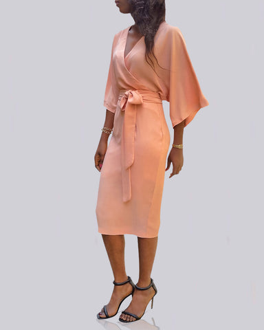 Aviana Kimono Sleeve Wrap Dress (Peach) - Mizzckfashion