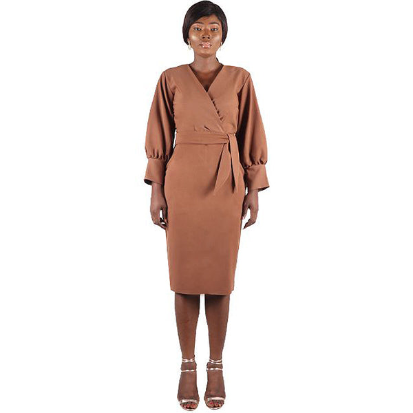 Brown Blossom Sleeve Faux Wrap Dress
