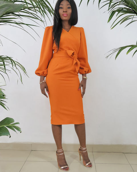 Vionne Blossom Sleeve Midi Dress (Wild Orange) - Mizzckfashion