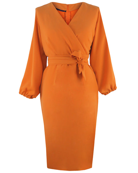 Vionne Blossom Sleeve Midi Dress (Wild Orange) - Mizzckfashion