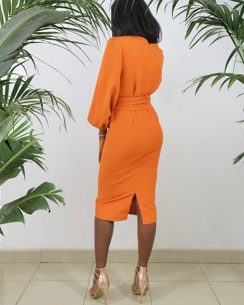 Vionne Blossom Sleeve Midi Dress (Wild Orange) - Mizzckfashion