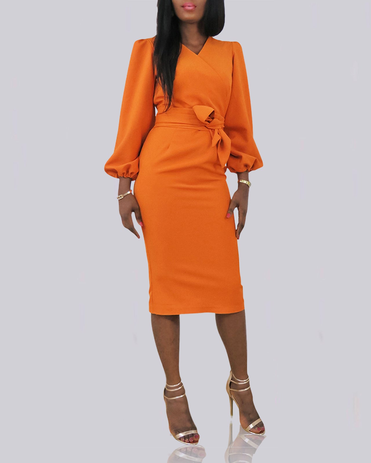 Vionne Blossom Sleeve Midi Dress (Wild Orange) - Mizzckfashion