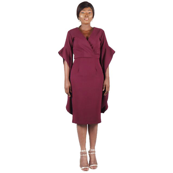 Waterfall Sleeve Faux Wrap Midi Dress Burgundy Mizzck Fashion