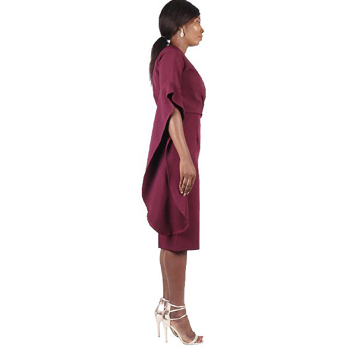 Waterfall Sleeve Faux Wrap Midi Dress (Burgundy) – Mizzck Fashion