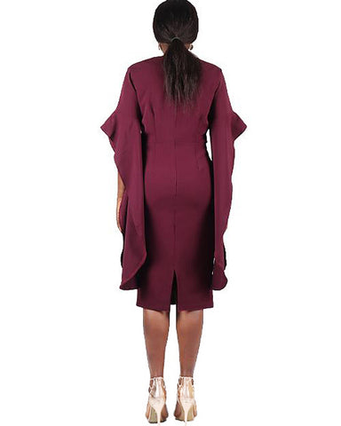 Waterfall Sleeve Faux Wrap Midi Dress (Burgundy)